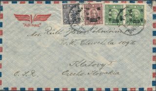 1946 China Air Mail Cover To Čsr,  Unusual Overprints 2 200$ & 500$ Sun Yat - Sen