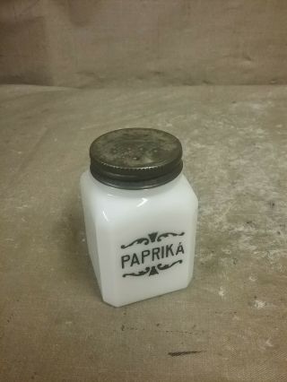 Vintage Hotpoint Depression Milk Glass Square " Paprika " Shaker W/metal Lid
