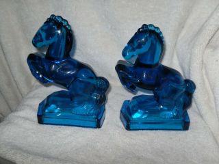 Vintage Cobalt Blue Glass Mid Century Rearing Horse Bookends,  L E Smith