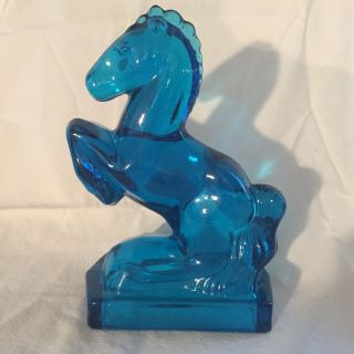 Vintage Rearing Horse Blue Glass Bookend L E Smith Mid Century Modern