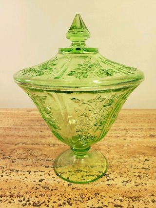 Federal Glass Sharon Cabbage Rose Green Candy Jar & Lid
