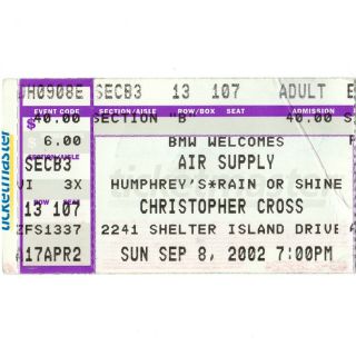 Air Supply & Christopher Cross Concert Ticket Stub San Diego 9/8/02 California
