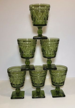 6 Vintage Indiana Glass Olive Green Wine Goblet Park Lane Pattern Colony Footed