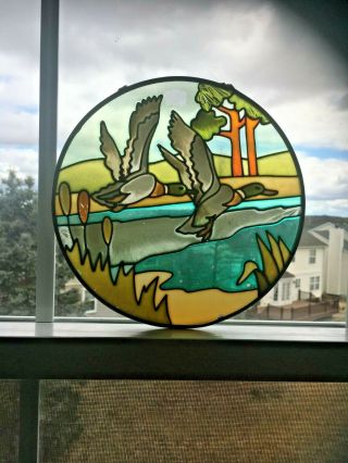 Vintage Stained Glass With Birds,  Trees And Sea - 9 "
