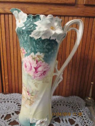 R.  S.  Prussia Carnation Mold 13 " Tankard Pink Roses Teal Blue