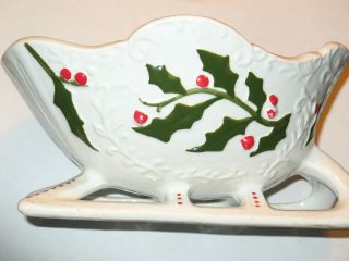 Vintage Napco Ceramic Holly Berry Sleigh Planter/candy Dish Christmas Japan