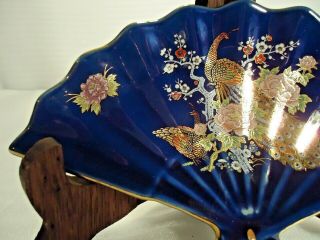 Vintage INTERPUR Asian Oriental Fan Cobalt Blue Porcelain Japan Peacocks 2