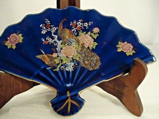Vintage INTERPUR Asian Oriental Fan Cobalt Blue Porcelain Japan Peacocks 3