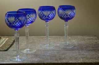 Set Of 4 Vintage Cobalt Blue Cut To Clear Wine Goblet Glass 8 3/8 "