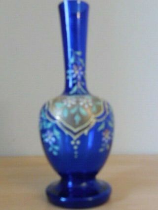 Bristol Blue Glass Vase With Enamel And Gold Trim,  Hand Painted Bud Vase