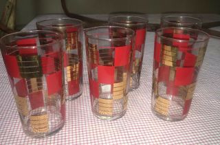 Vintage Mid Century Red & Gold Christmas Tumblers Drinking Glases Set Of 6