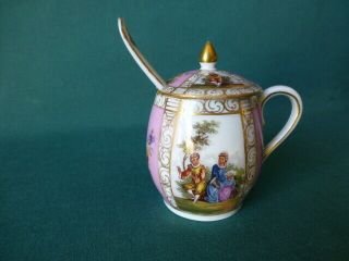 Antique Dresden Hand Painted Mustard Pot Or Jar With Spoon