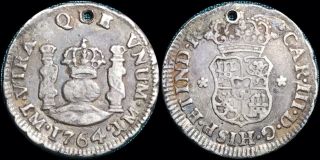 1764 Jm Spanish Colonial Peru 1/2 Real Km 60 Silver Coin Details Holed