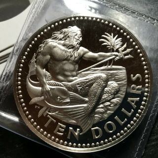 1975 Barbados $10 Silver King Neptune Proof Crown