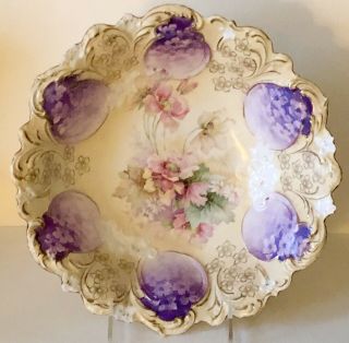 Antique Rs Prussia Porcelain Large Serving Bowl Purple Panels Cream Pink Flowers