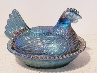 5 X7 Indiana Glass Blue Iridescent Carnival Glass Chicken Hen On Nest Candy Dish