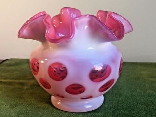 Fenton White And Pink Opalescent Cranberry Coin Dot Thumbprint Glass Vase