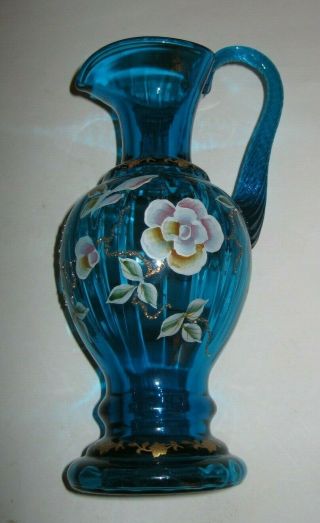 Fenton Century Xxi Turquoise Blue Floral Hand Painted Pitcher/vase Signed