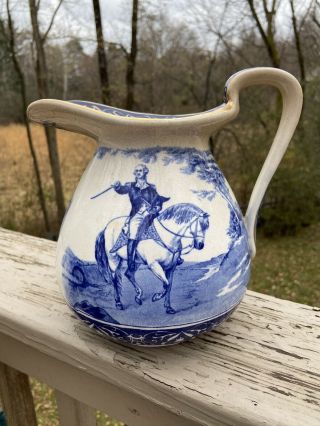 Rare Antique 1907 Buffalo Pottery George Washington Mt Vernon Blue/white Pitcher