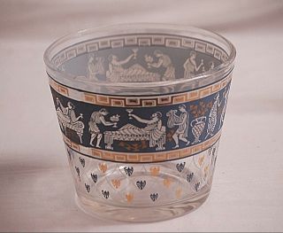 Old Vintage Jeannette Glass Roman Greek Key Ice Bucket Slate Blue Gray Gold Trim