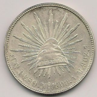 1908 Mo Am Mexico One Un Peso Cap & Ray Silver Coin