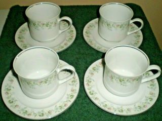 Set Of 4 Johann Haviland Forever Spring Silver Rimmed Coffee Tea Cups & Saucers