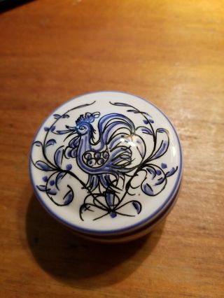 Blue & White Rooster Covered Trinket Dish Anfora Agueda Portugal Hand - Painted