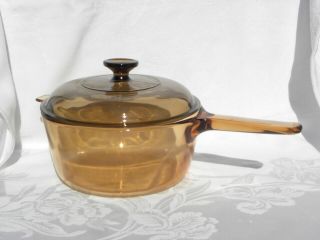 Vintage Corning Vision Ware Amber Glass 2.  5l Sauce Pan/stock Pot With Lid