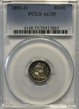 1851 - O H10c Pcgs Au55 Seated Half Dime - Better Date Pq,  Toning