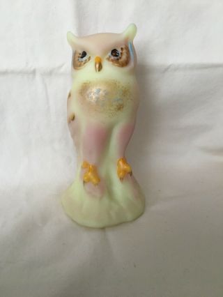 Yellow And Pink Burmese Fenton Owl Figurine Handpained Artist Signed