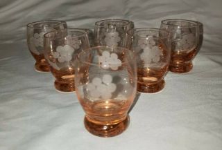 Set Of 6 Vintage Etched Pink Depression Glass Liquor Wine Shot Glasses