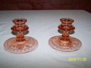 Vintage Pink Depression Glass Candle Sticks With Etched Floral Pattern