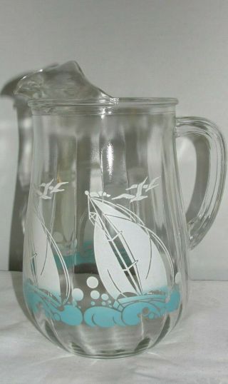 Vintage Mid Century Glass Lemonade Water Pitcher Ocean Waves Sail Boat Gulls