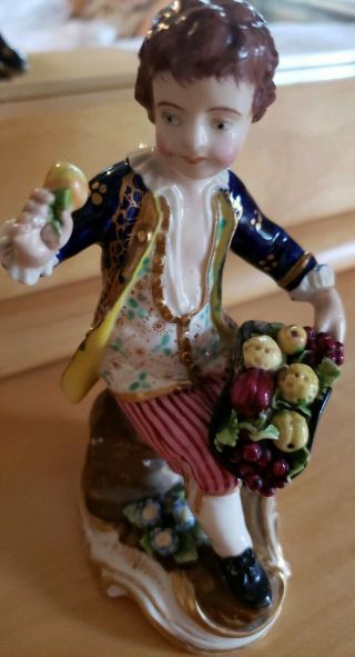 Antique Meissen Figure Of Boy Holding A Hat Filled With Fruits On A Stump - 5 "