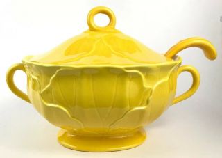 Vintage Yellow Cabbage Leaf Porcelain Soup Casserole Tureen Spoon 10“ X 7 1/2“
