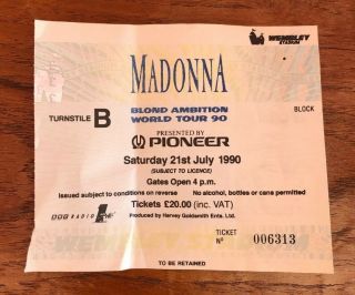 Madonna Blond Ambition Tour Ticket Wembley Stadium London 1990