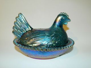 Vintage Indiana Blue Carnival Glass Nesting Hen Chicken On Nest Candy Dish