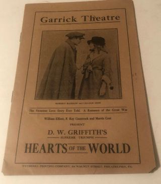 1916 Dw Griffith Hearts Of The World Lillian Gish Prog Garrick Theat.  Phil.  Pa.