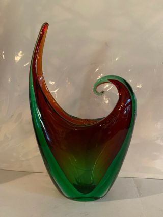 Mid Century Vintage Murano Sommerso Freeform Red Green Art Glass Sculpture Vase