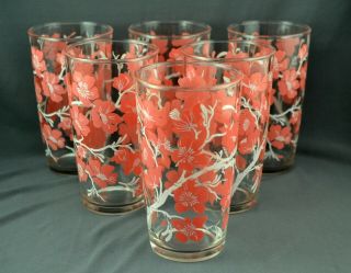 Vtg 1950s 60s Set Of 6 Glasses Pink Dogwood Flowers Blossoms White Branches