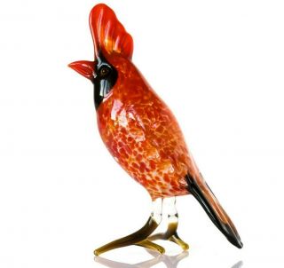 Red Cardinal Figurine Blown Glass " Murano " Art Bird Black Miniature