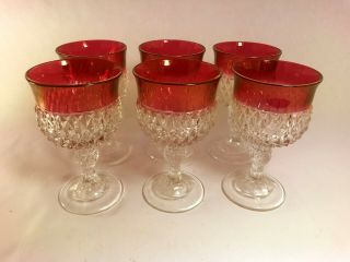 6 Vintage Indiana Glass Diamond Point Red Ruby Cranberry Wine Goblet 5 1/4 "