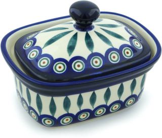 Polish Pottery Butter Dish 6 " Peacock Leaves