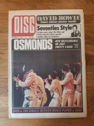 Disc Music Newspaper November 3rd 1973 Osmonds And Giant David Bowie Poster