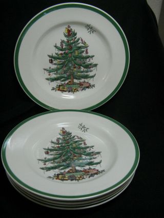 6 Spode Christmas Tree (green Trim) Dinner Plates England