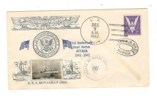 Us Naval Cover: 1942 Uss Monaghan,  Pearl Harbor Anniversary Cover W/crosby Cache