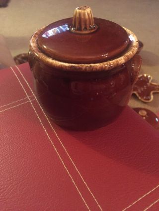 Vtg.  Sm Hull Oven Proof Usa Pottery Brown Drip Glaze Bean Pot W/ Lid