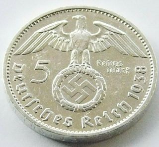 German Coin 5 Mark Reichsmark 1938 F Swastika Hindenburg Silver 3rd Reich Ww2