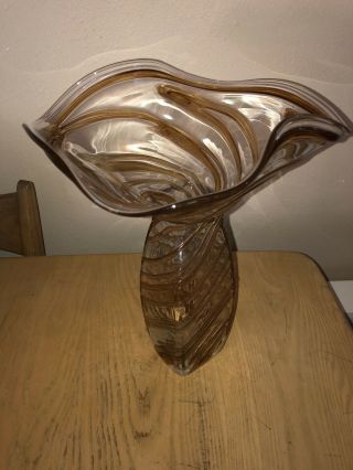 Large Vintage Murano Venetian Art Glass Vase Gold Swirl Form