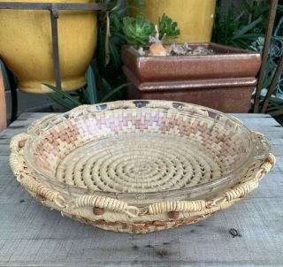 Vintage Pyrex Clear Pie Baking Dish With Woven Raffia Basket Holder 229 Rare
